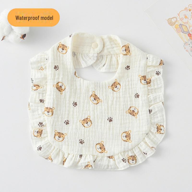 Ruffle Baby Bib: Seven-Layer Waterproof Cotton Gauze with Lace Trim.