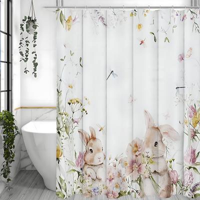 Easter Bunny Shower Curtain Pink Watercolor Flowers Leaves Cute Bunny Flower Happy Easter Spring Holiday Bathroom Decorative Sho