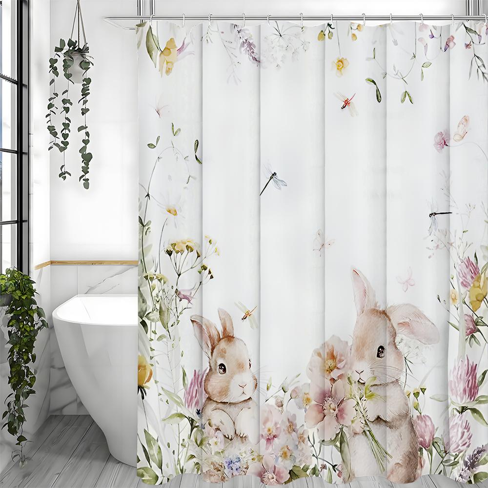

Занавеска для душа «Пасхальный кролик» Розовые акварельные цветы Листья Милый кролик Цветок Счастливой Пасхи Весенний праздник Ванная комната Декоративный Шо 90*180cm