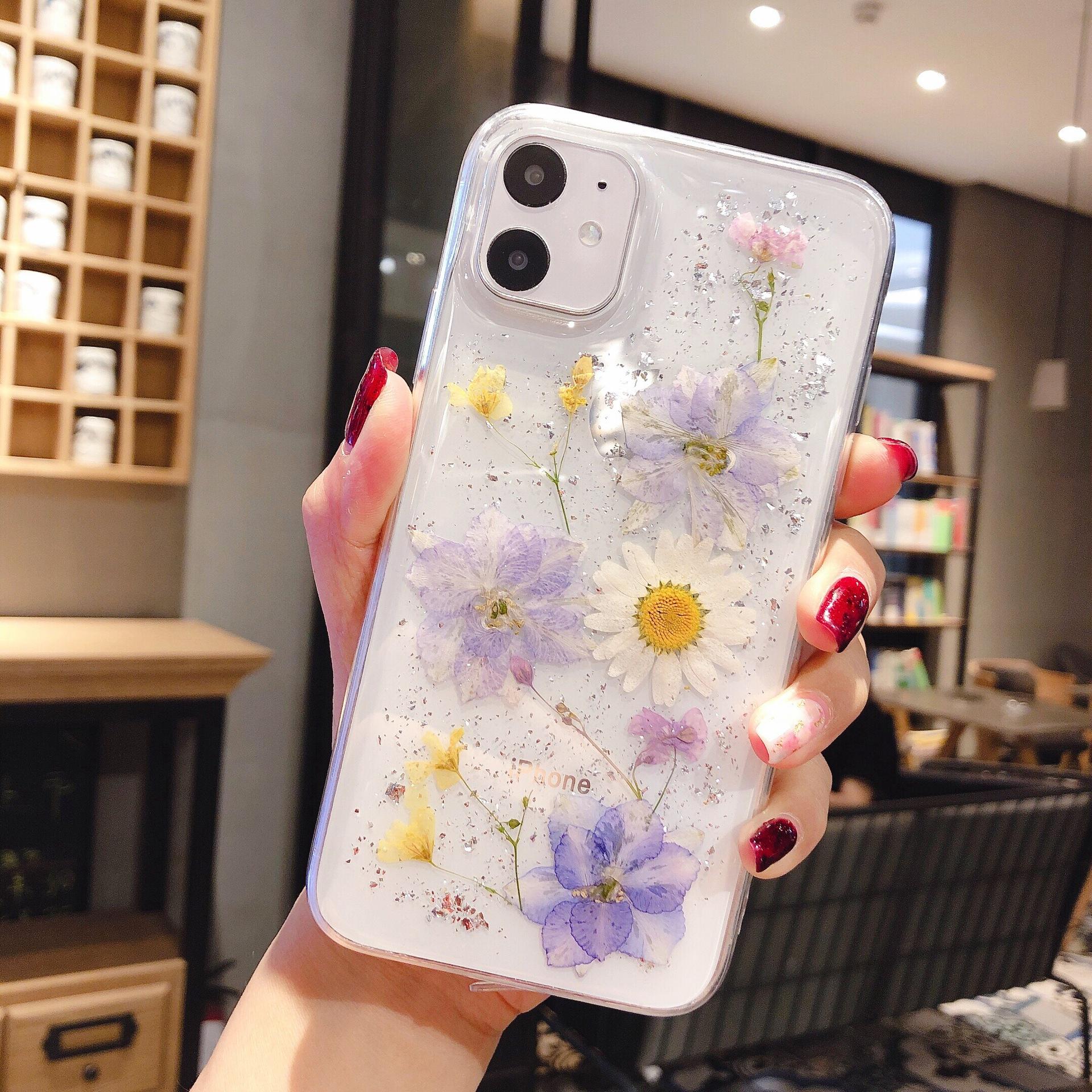 

Чехол для мобильного телефона Hyunya Foil Gold Real Flower Dryed Flower для iPhone16Plus/15ProMax с эпоксидными блестками 13/14 iPhone 13/14/15 (thickened material)