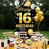 Happy 16th Birthday Decorations for Boys & Girls - Fabric Black & Gold 16 Birthday Backdrop Banner, Yard Sign, Photo Booth Props - Outdoor Indoor