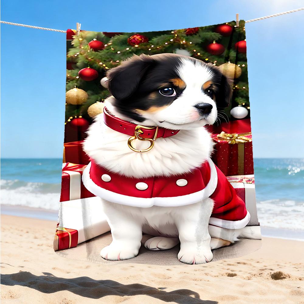 1pc Christmas puppy Outdoor Flannel Blanket , Machine Washable Perfect Gift for Birthday , Holiday Travel Accessory , Durable Material