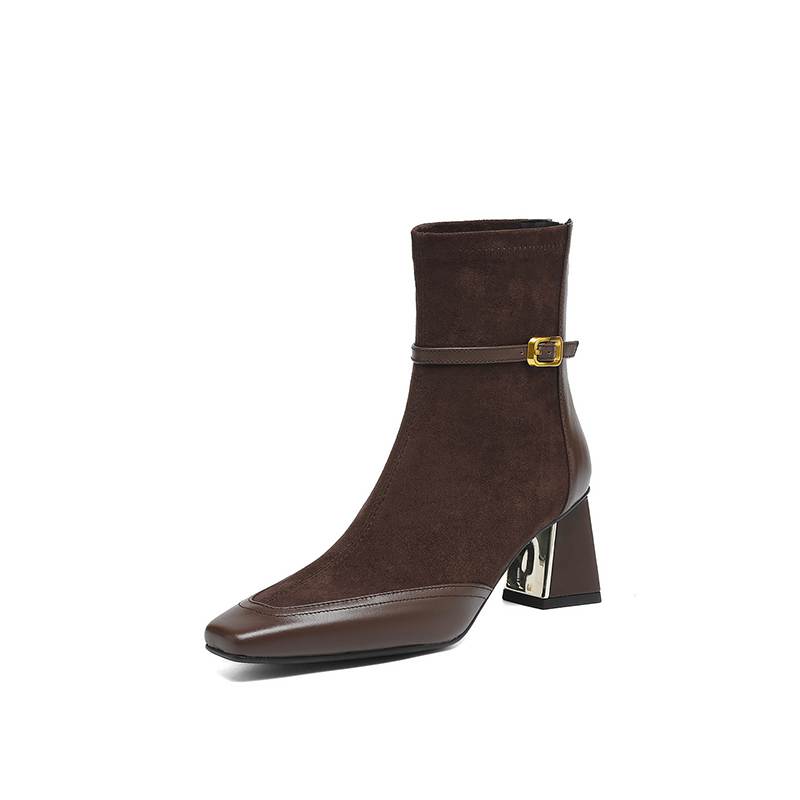 Krazing Pot Flock Cow Skin Square Toe Thick Heels Chelsea Boots Size 42 Beauty Lady Women Modern Fashion Girl Ankle Boots
