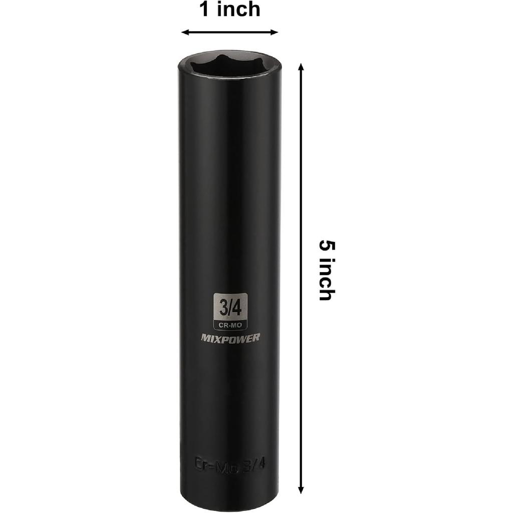 MIXPOWER 1/2" Dr. x 3/4-inch Extra Long Deep, 6 Point Impact Socket, Cr-Mo Alloy Steel, Radius Corner Design, Dual Size Markings, 5 inch Length