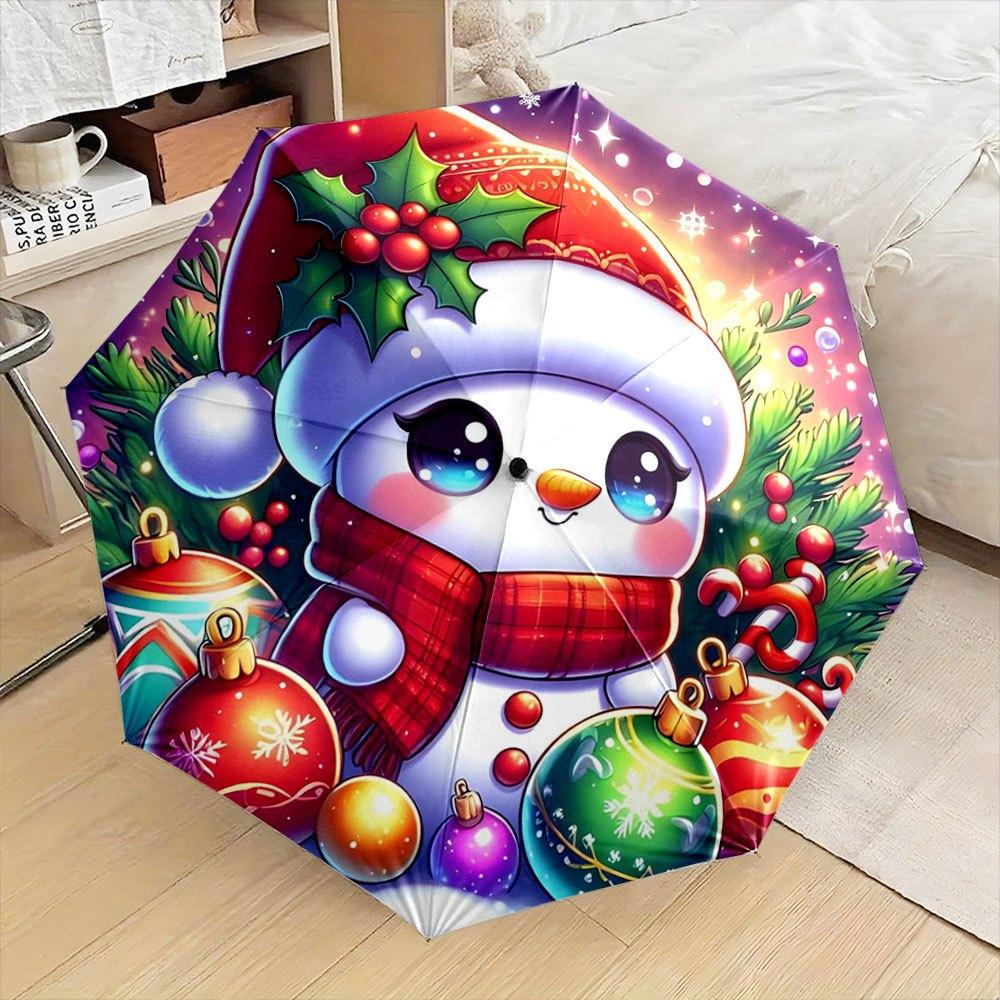 

Automatic Open/Close Folding Umbrella with Festive Snowman, Holly Berries & Ornaments - Compact Portable Umbrella, 8-Rib Sturd (as the picture,Iron&8K)