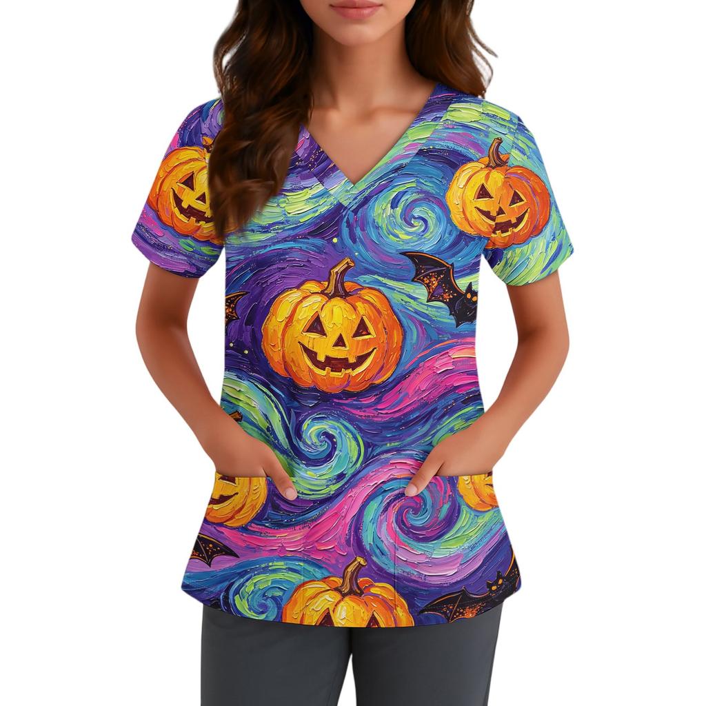 Women V Neck Short Sleeve Halloween Print Top with Pocket Scrub Shirt for Healthcare Professionals Uniform