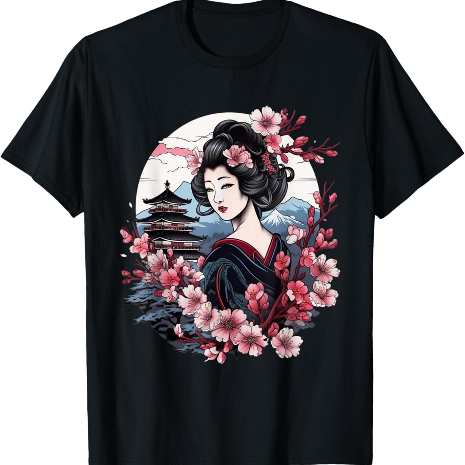 Футболка с гейшей, горой Фудзи, пагодой и цветами сакуры(62) S чёрный
