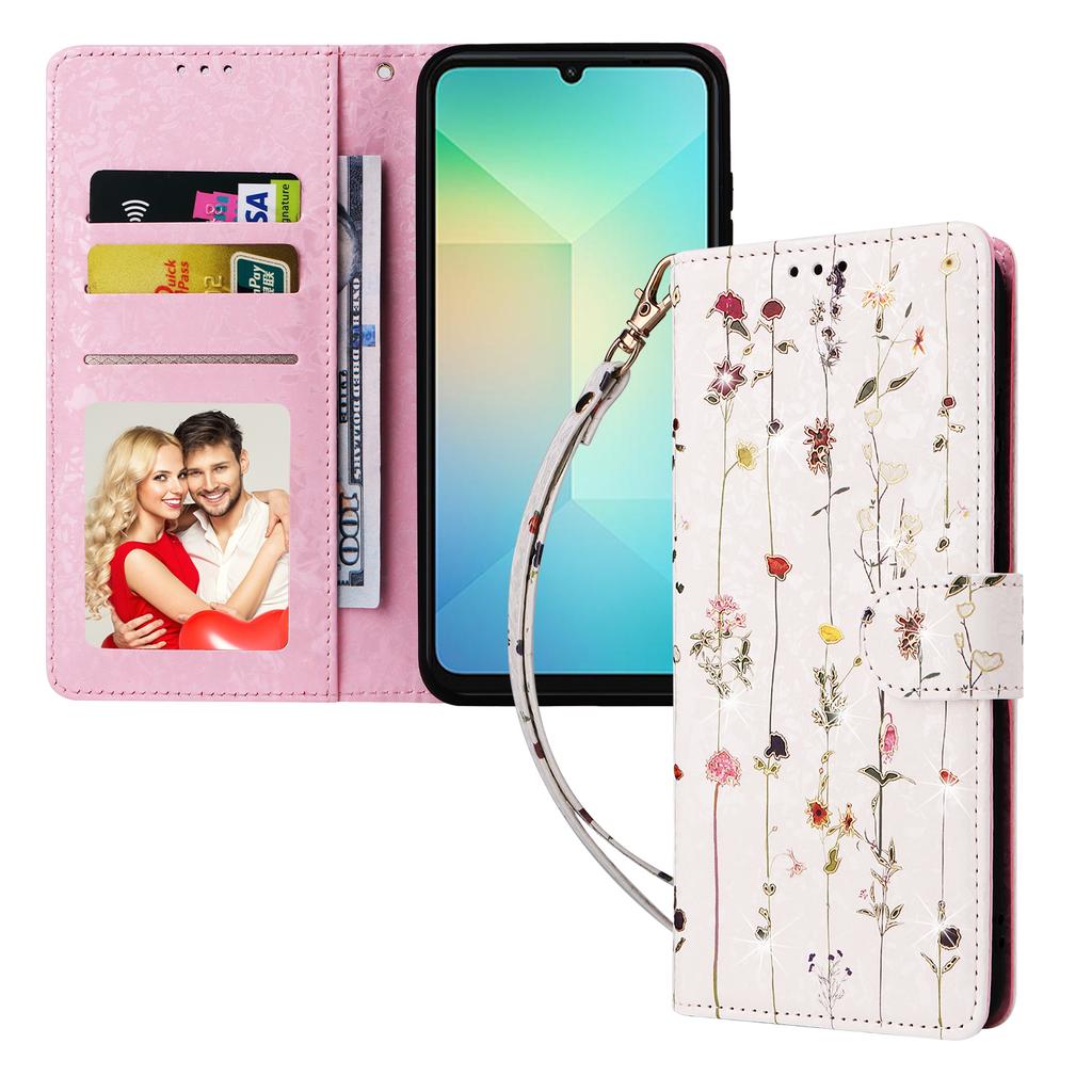 For Samsung Galaxy A07 4G/A06 4G/A06 5G Case RFID Blocking Flower Leather Phone Cover with Wrist Strap