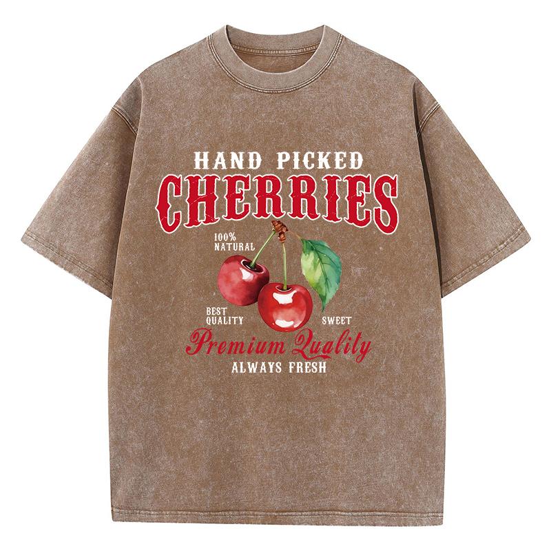 Cherries Cotton Washed TShirts Woman Red Fresh Fruit Tees Letter Prints Tops Crewneck Oversized T Shirt Street Female Clothes