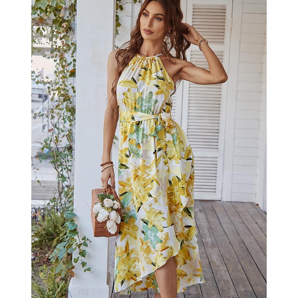 GMXIA Fashion Print Halter-neck Bohemian Dress Summer Casual Holiday Dress