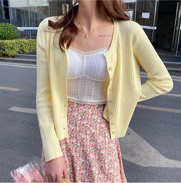 Yellow Cardigan Thin Women Spring Autumn Cropped Ice Silk Knit Sun Protection V Neck Top