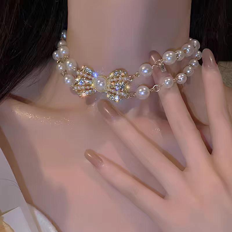 2024 Bow Knot Pearl & Rhinestone Double Layer Tassel Choker Necklace for Women