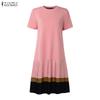 ZANZEA Vestido Casual Feminino de Verão com Gola Redonda e Manga Curta Plissado