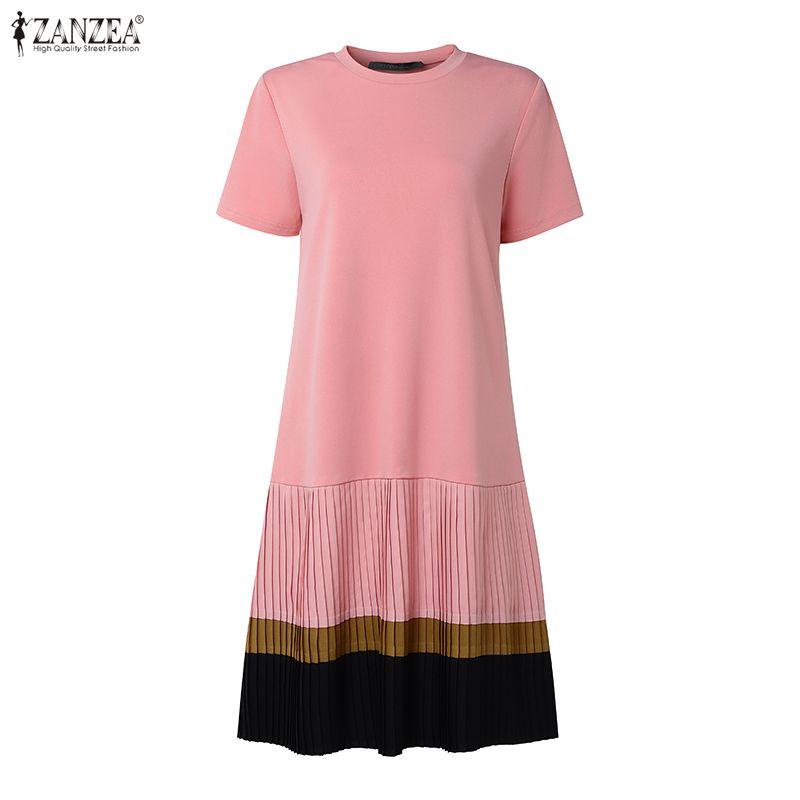 ZANZEA Vestido Casual Feminino de Verão com Gola Redonda e Manga Curta Plissado