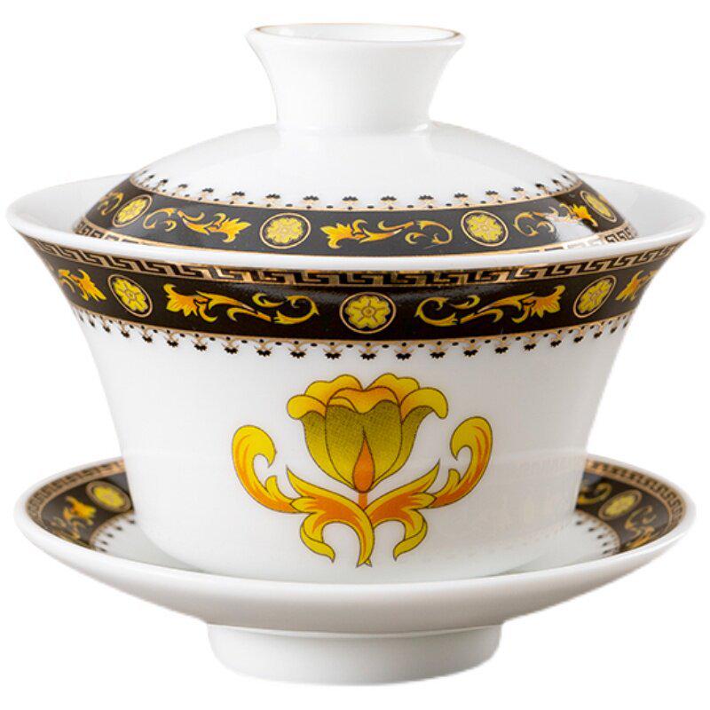 Chinese Style Ceramic Tea Set: White Porcelain Cup with Blue and White Ruyi Covered Bowl for Living Room