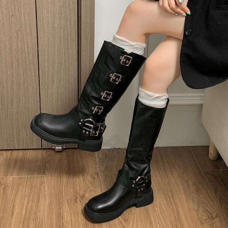 Fashion Winter Thick Heel Woman Knee High Boot Fashion Side Zippers Shoes Vintage Belt Buckle Ladies Knight Long Booties