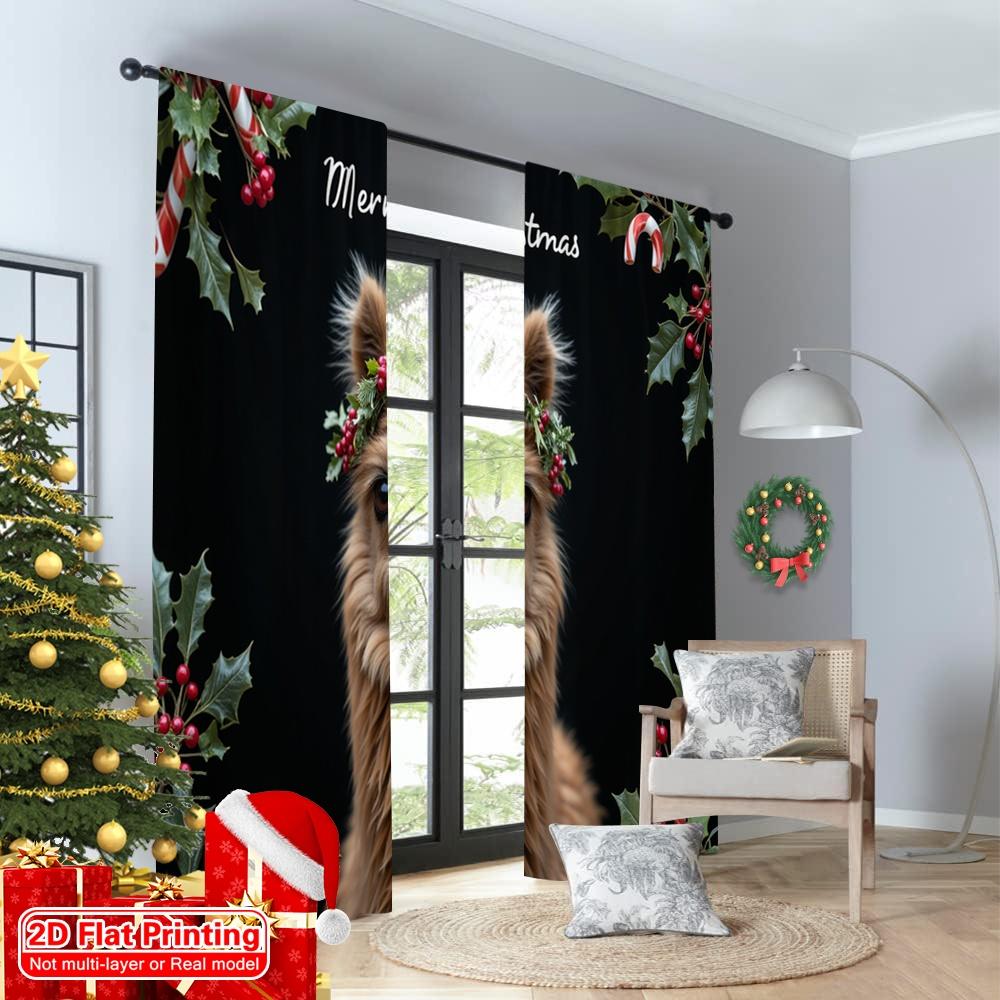 2 Stück 2D Flachdruck Weihnachts Vorhänge Frohe Weihnachten Alpaka Geschenke Polyestergewebe Ohne Strom Familienfeier Verwendung für