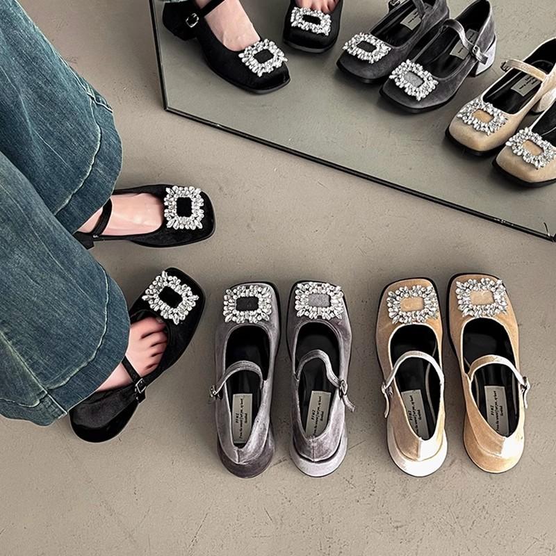 Coarse heel temperament rhinestone burst Mary Jane shoes popular spring and summer new fashion high heel black women's shoes