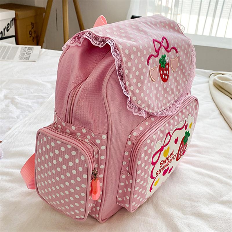 Mochila Escolar Kawaii para Crianças Bordado de Morango Fofo Mochila de Estudante Bolinhas Múltiplos Bolsos Nylon Moda Faculdade Para Menina Adolescente