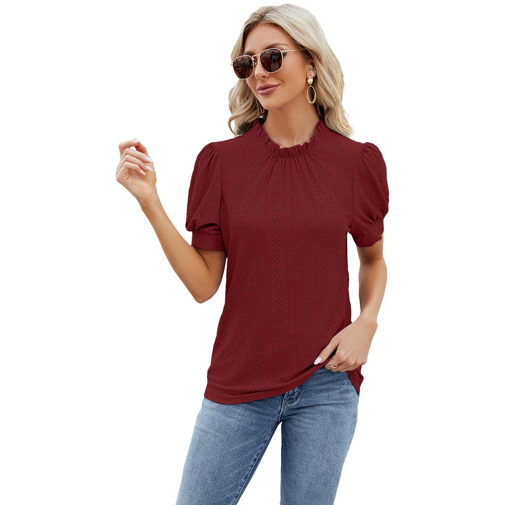 Summer Women's T-shirt Lace Neck Bubble Sleeve Loose Pleated T-shirt