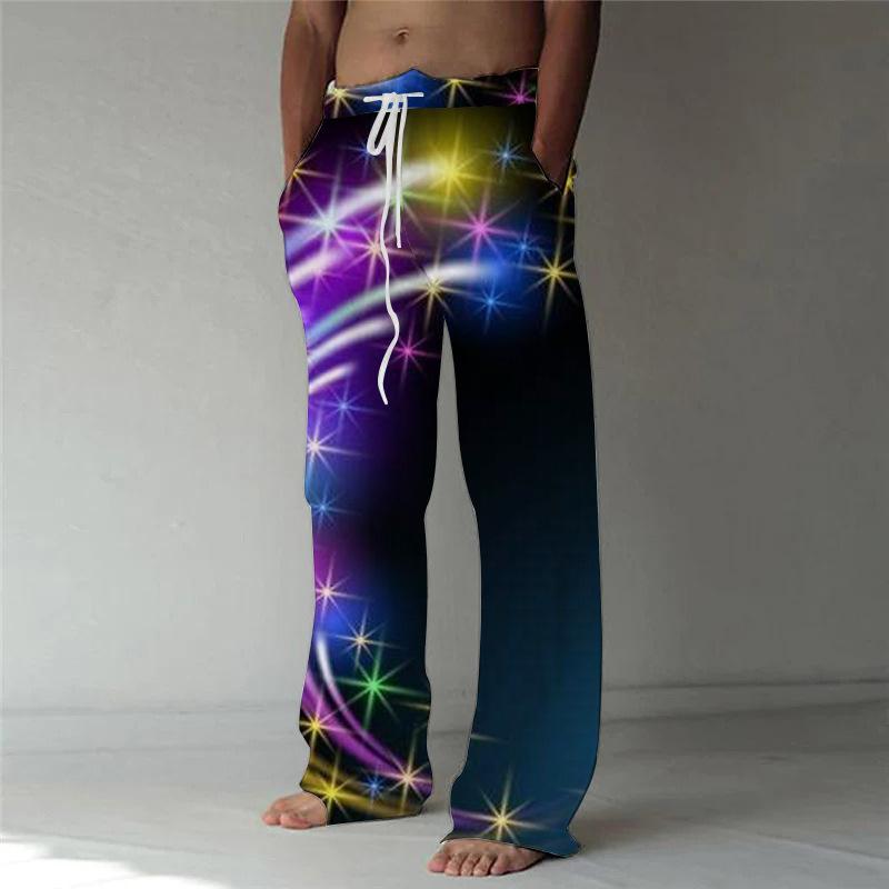 Nové kalhoty 3D kreativní potisk ležérní pánské volné stahovací lněné kalhoty se širokými nohavicemi