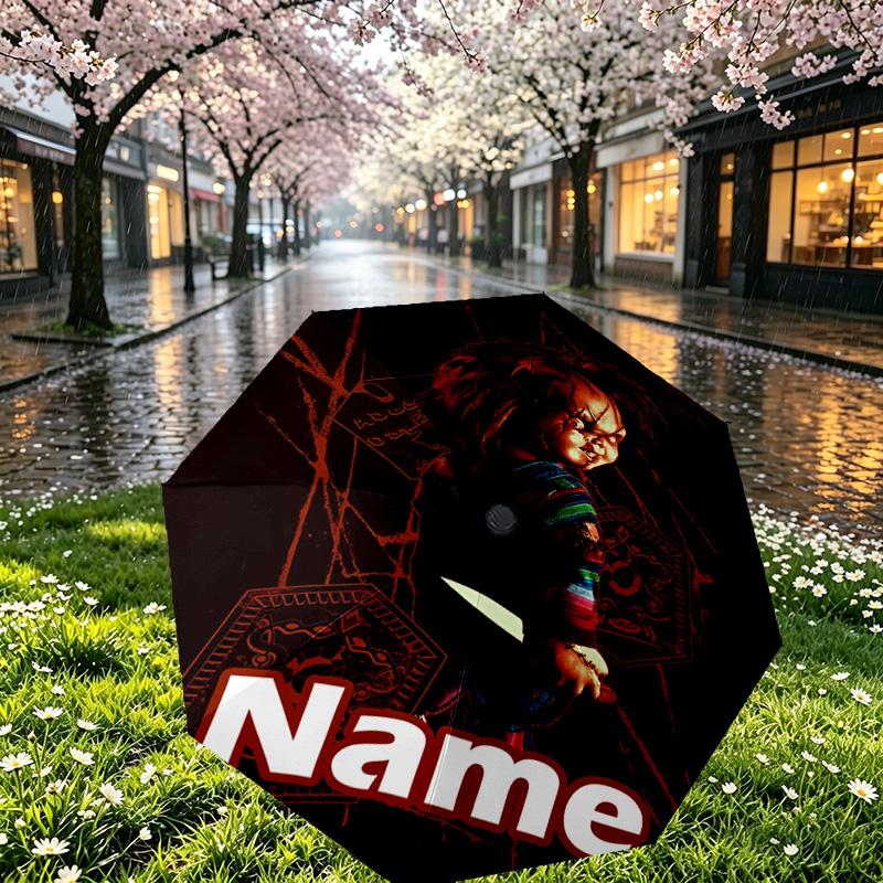 Custom Name Personalized Bride of Chucky Print Umbrella, Auto Open Close, 8‑Rib Sturdy Frame, Commute Camping Hiking Use, Birthday Gift