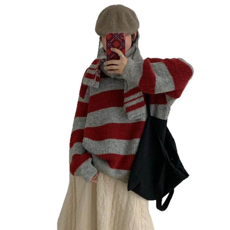V-neck Striped Scarf Pullover Sweater Women's Autumn and Winter New Lazy Contrasting Color Loose Large Size Knitted Sweater