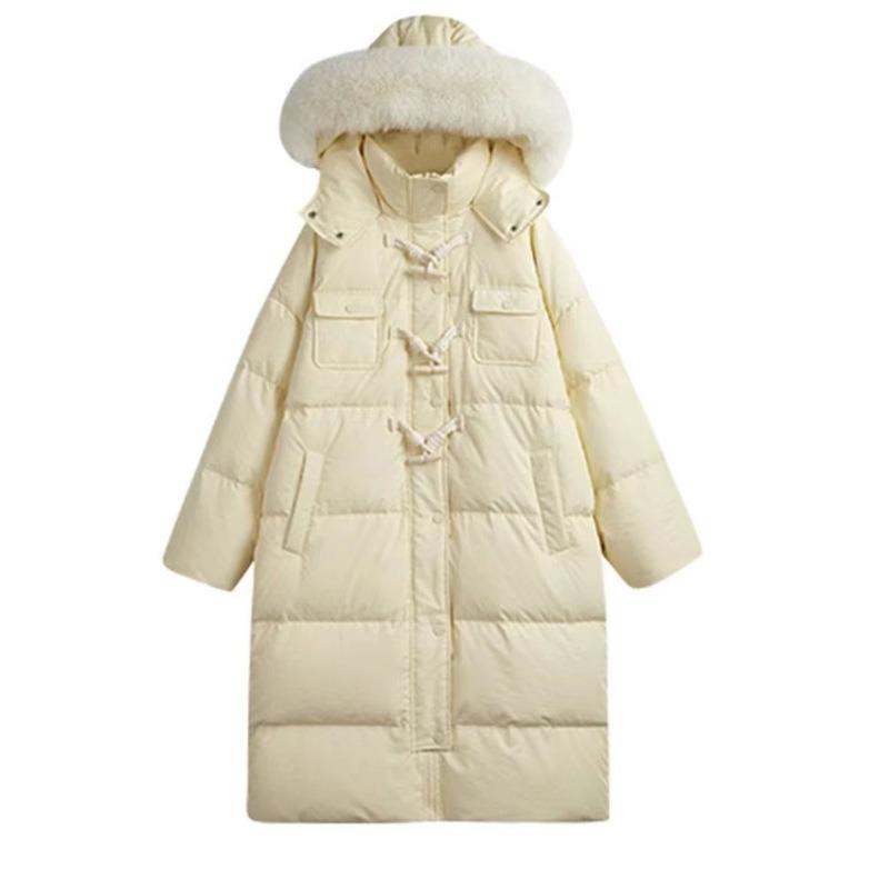 Down Cotton Clothes Women's Medium and Long New Horn Buckle Over Knee Big Fur Collar Hooded Thickened Coat Winter