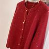 Gentle Atmosphere Sequined Round Neck Sweater Cardigan for Women Spring and Autumn Retro Red Soft and Sticky Knitted Jacket