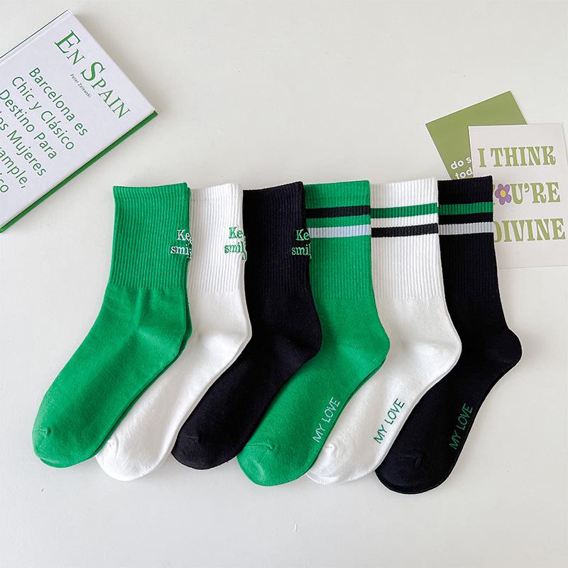 Female Spring and Autumn Letter Stripe Embroidered Green Street Sports Academy Wind Tube Socks