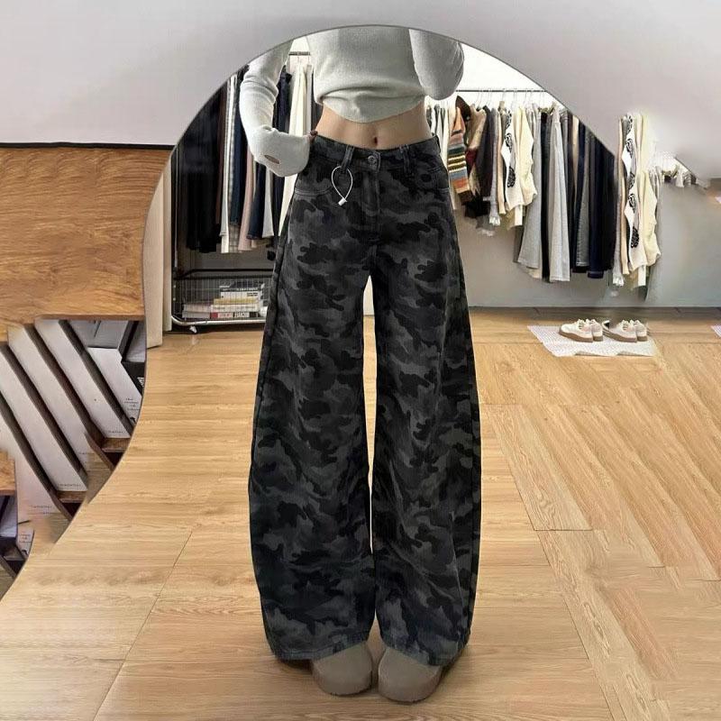 Women's Spring Vintage High-Waisted Loose Slimming Floor-Length Pants American High-Street Cargo Wide-Leg Camouflage Jeans