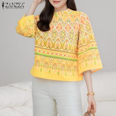 Women Casual O-neck 3/4 Sleeve Loose Vintage Print Blouse