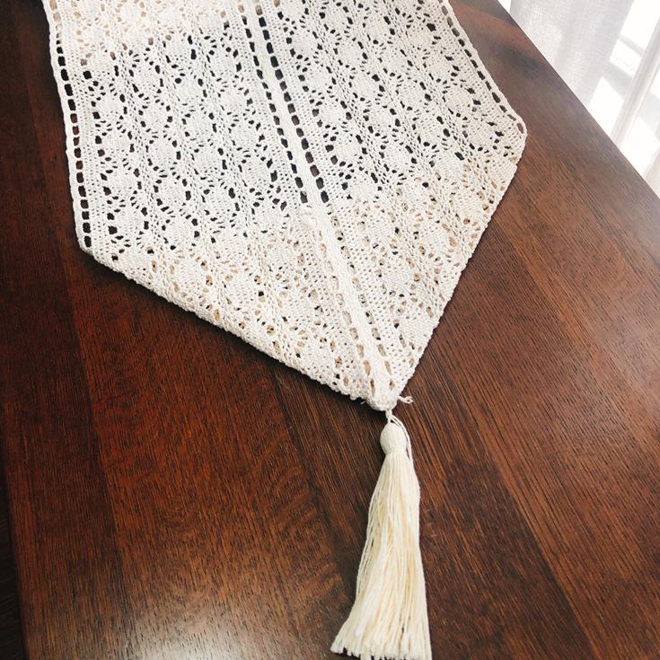 French Lace Rectangular Polyester Linen Woven Table Runner - Decorative Table Cover with Hollow Crochet Design for Coffee Table, TV Stand, Long Table