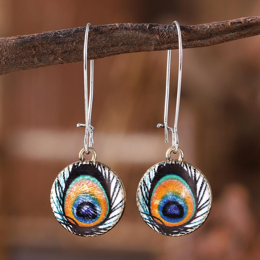 New Retro Peacock Feather Pattern Pendant Earrings Bohemian Niche Simple Jewelry