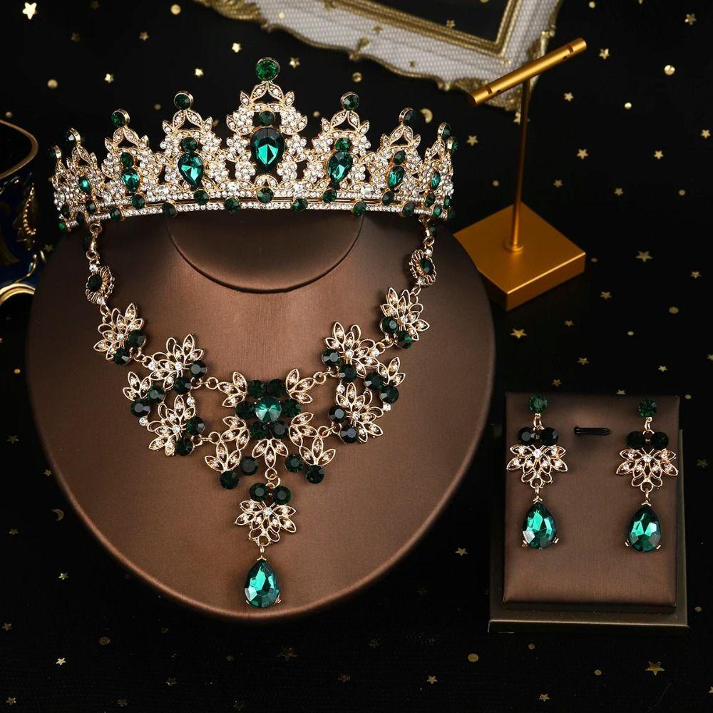 Shiny Bridal Jewelry Sets Baroque Style Crystal Headdress Tiara Earrings Necklace  Pageant