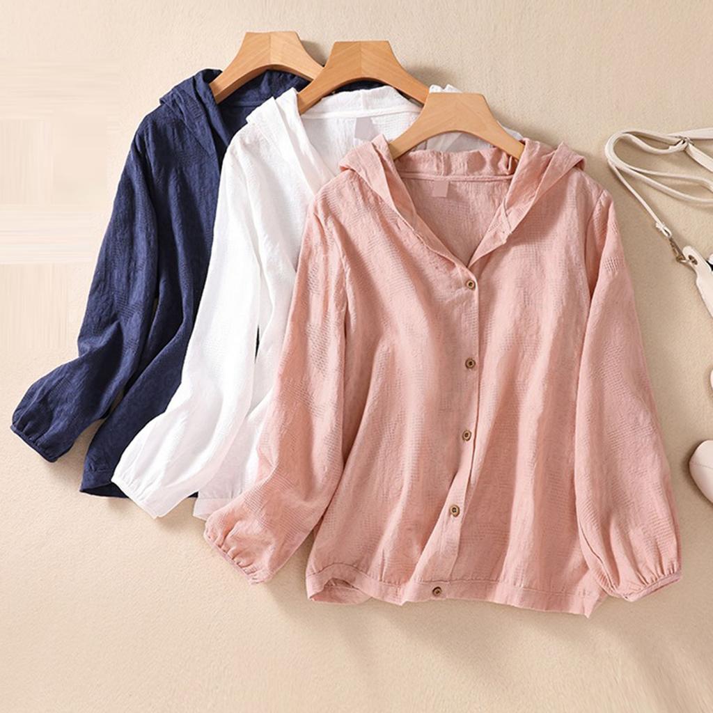 Women's Fashion Solid Color Cotton  Embroidery Loose Casual Hundred Hooded Cardigan Long Sleeve Top