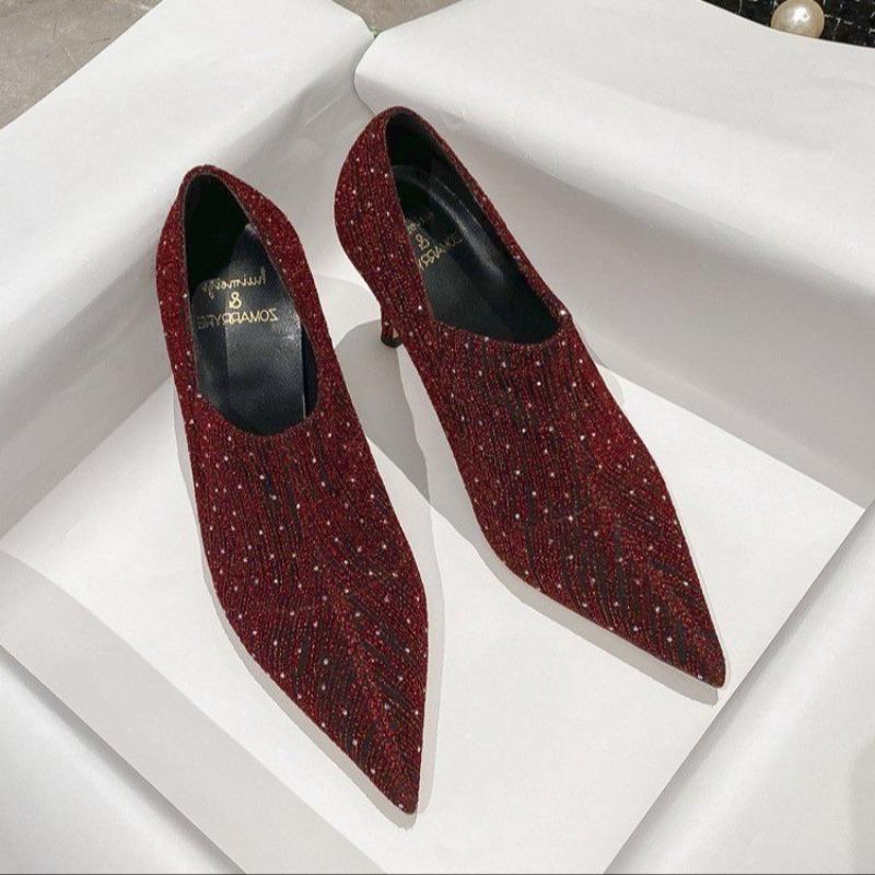 Fashion Spring New Thin Heel Shoes Women Fashion Pointy Deep Mouth Sequin Cloth Suede Slip-on Wear-resistant High Heels