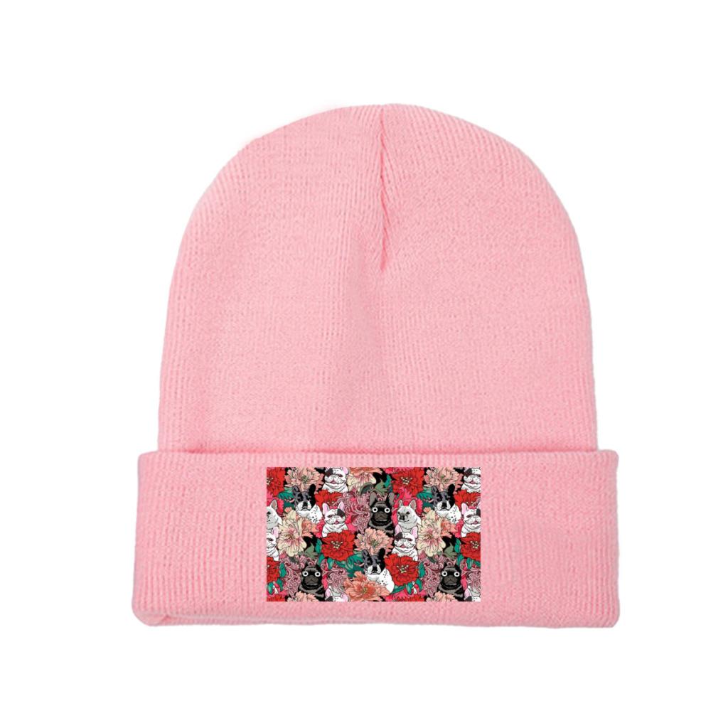 Flowers French Bulldog Knit Hat Beanie Winter Hats Warm Acrylic  Street  Caps Unisex Women