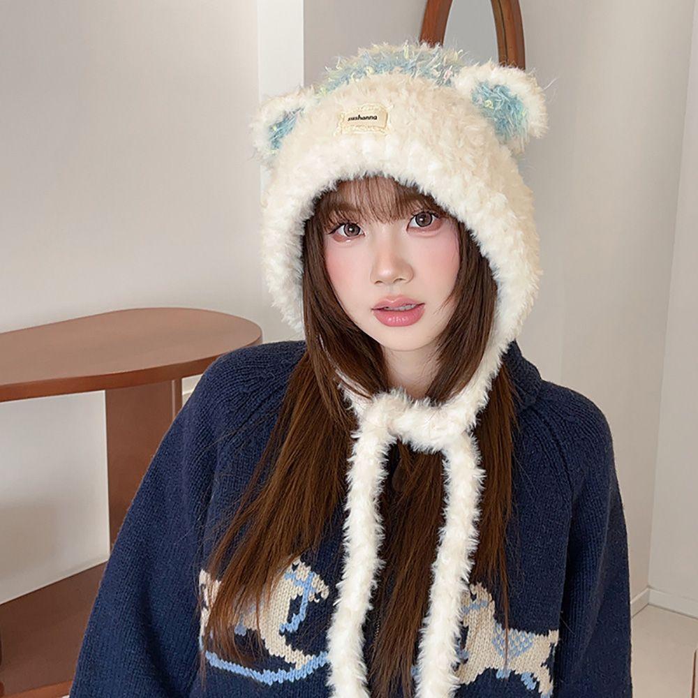 Cartoon Bear Ear Plush Knitted Hat Keep Warm Bear Ears Beanie Lovely Ear Protective Cap For Women