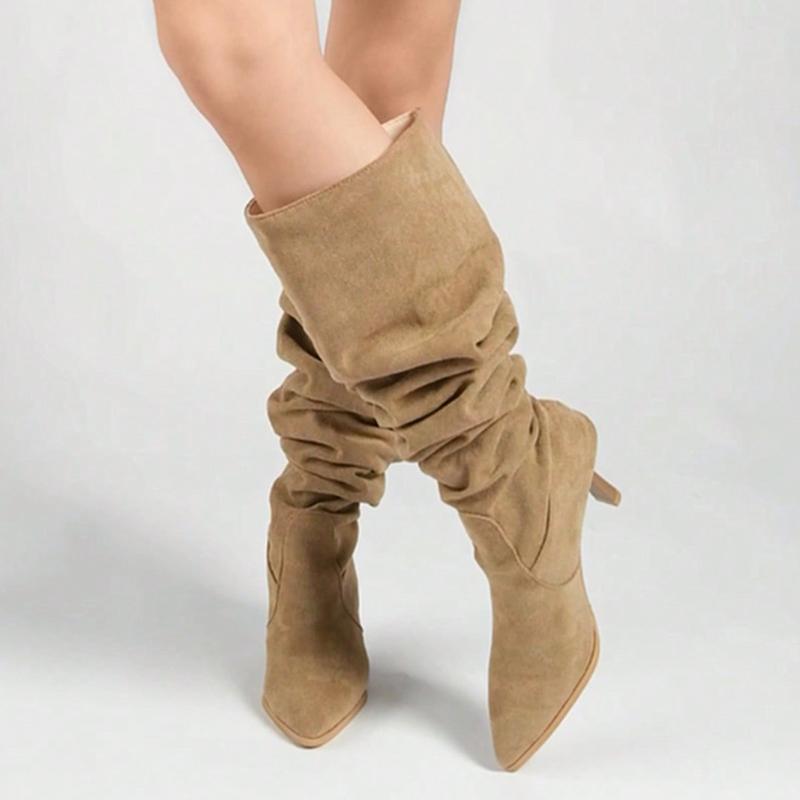 Fashion Elegant Black Pointed Toe Knee High Boots for Women Pleated Design Stiletto High Heels Botas Mujer 2025 Autumn Loose Long Boots