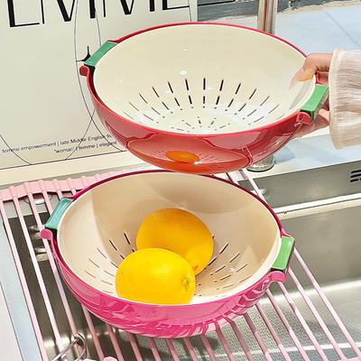 Double-layer Draining Basket Plastic Fruits Vegetable Wash & Drain Basket, Storage Basket, Multi-layer Stackable for Kitchen