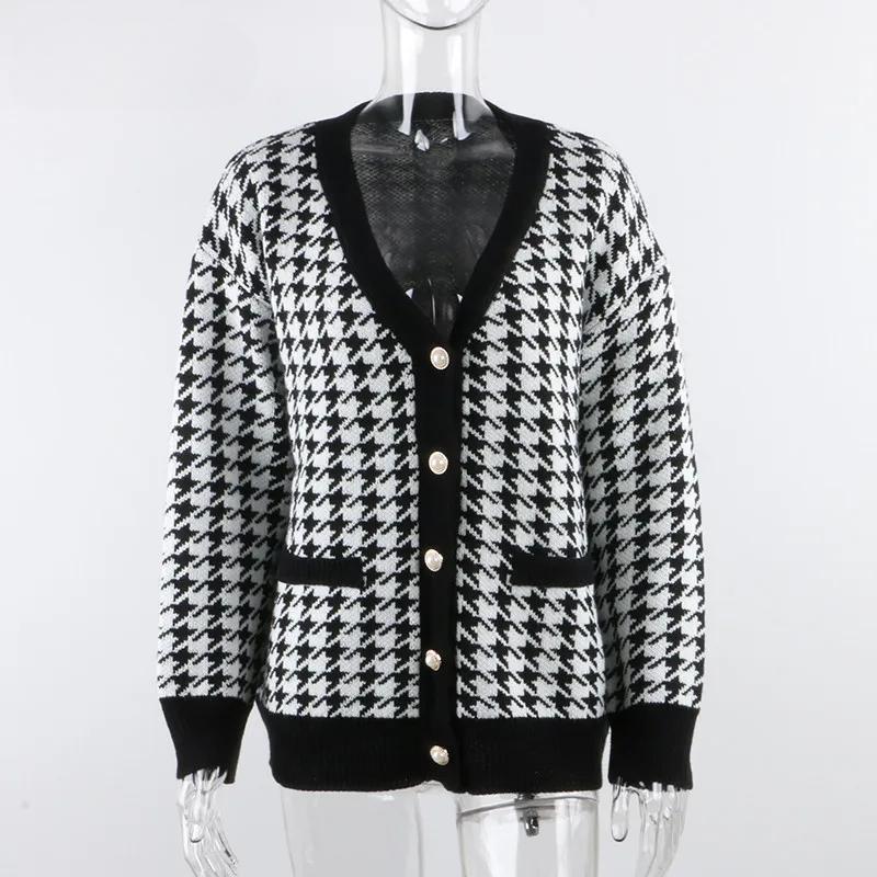 V-Neck Women Button Black Houndstooth Cardigan Long Sleeve Sweater Autumn Winter Knitted Loose Oversized Jumper Casual