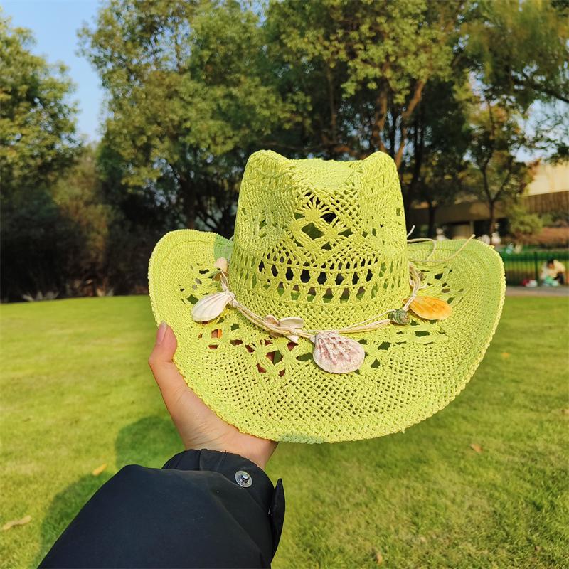 Cowboy Straw Hat for Women Fashion Seashell Straw Cowboy Hat Beach Summer Cowboy Sunshade Jazz Hat Sombrero Vaquero Hombre