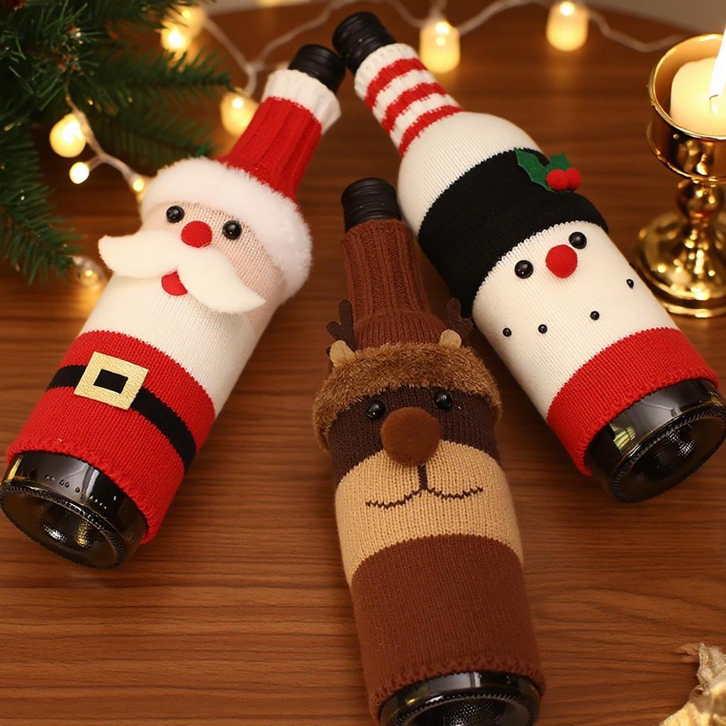Christmas Wine Bottle Covers: Knitted Santa & Snowman Decorations for Holiday Dining