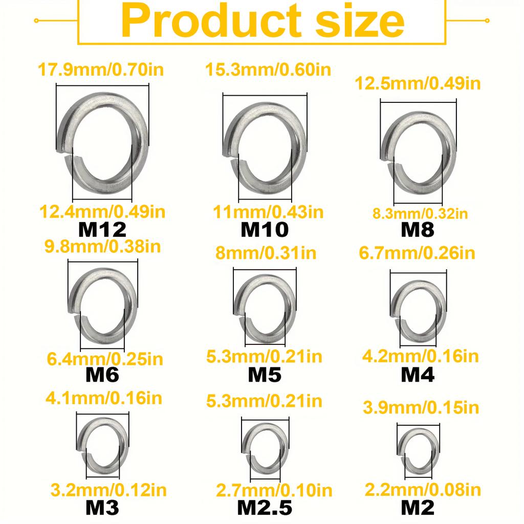 600 Stainless Steel Spring Lock Washer Kits, (M2.5-M12) 9 Sizes of Washer Combinations