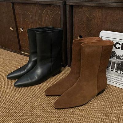 Cowhide Version~ Genuine Leather Korean Version Suede Pointed Head Medium Boots Low Heel Flat Bottom Retro Fashionable Wide Tube Martin Boots Short