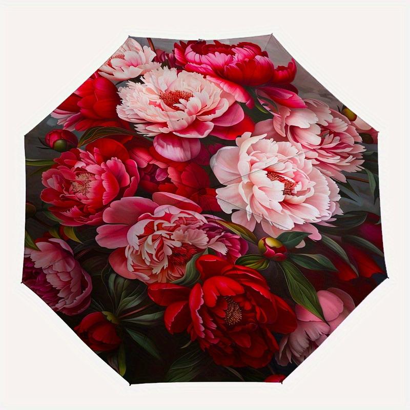 Peonies, Floral Theme 8 Bone Hand Automatic Folding Umbrella, Compact and Portable Design, A Perfect Gift for Birthday, Christmas or Busines