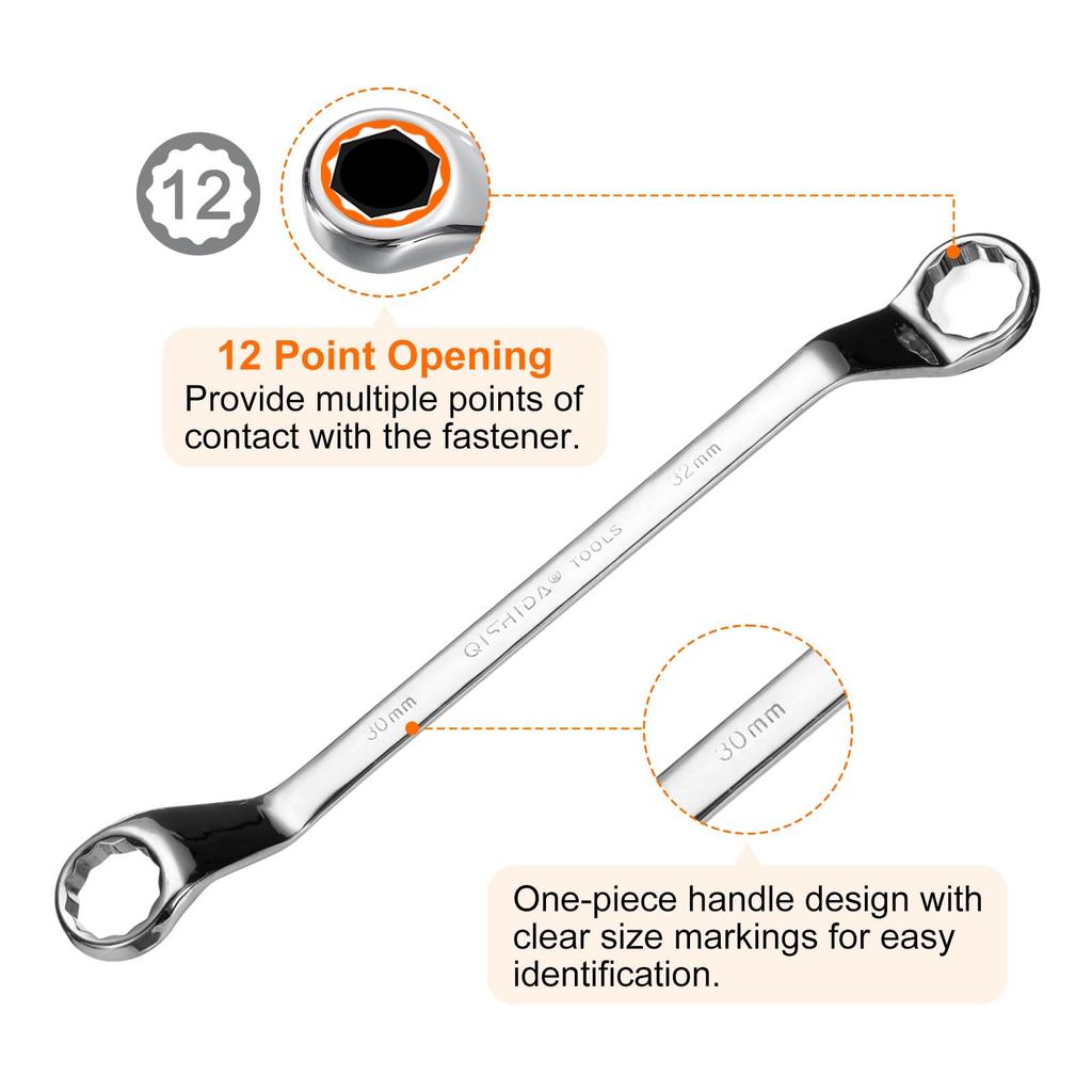 Uxcell 45 Grad Versatz Ringende 30mm x Metrisch Spiegelverchromt Legierung Doppelring Lang Industrie Torx Ringschlüssel Reparaturwerkzeug 2-teiliger Schlüssel, 32mm,