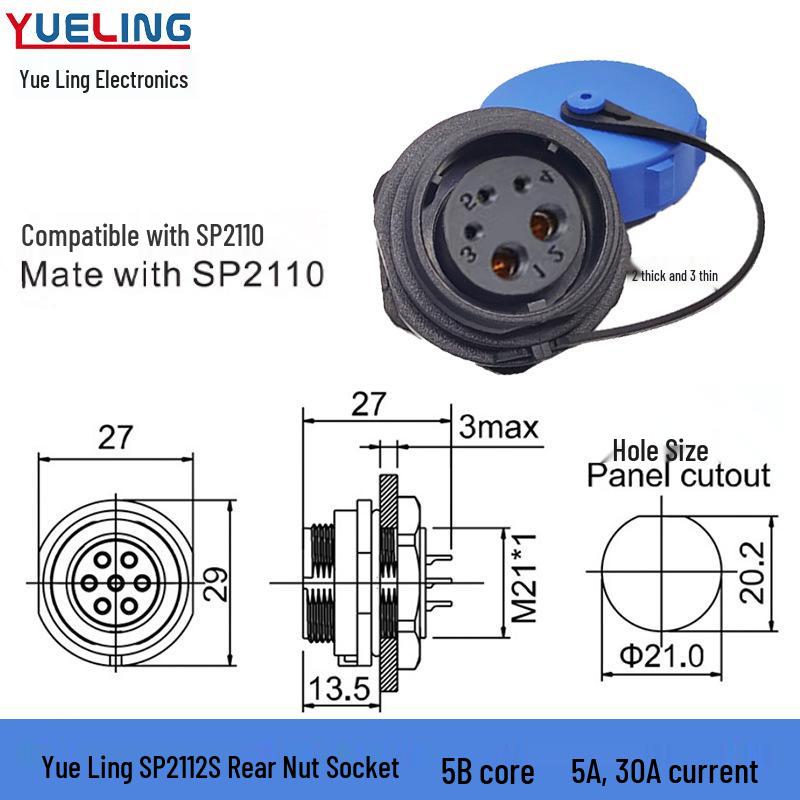 Weipu SP21 IP68 Waterproof 3-Core Aviation Plug with Rear Nut, 9-Pin Solder Connection.