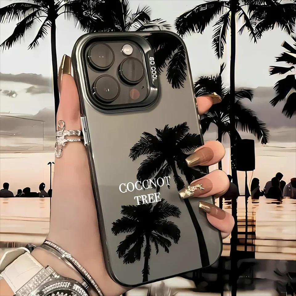 Summer Coconut Phone Case for iPhone 16 16E 14 15 Pro Max 11 12 13 Pro X XR XSMax 14 Plus Laser Plated Shockproof Bumper Cover